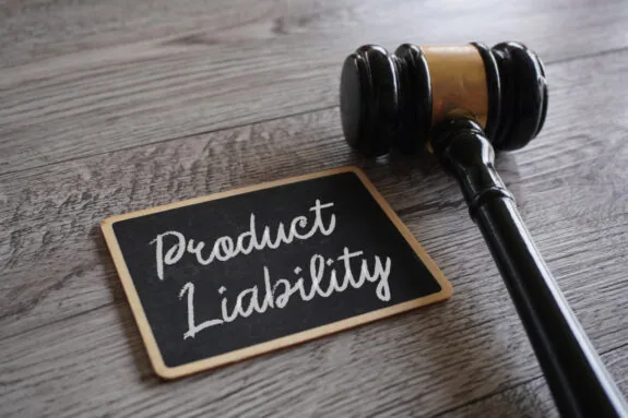 Closeup image of judge gavel and text PRODUCT LIABILITY on table.