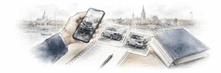 a hand holding a cellphone reviewing evidence after a car accident
