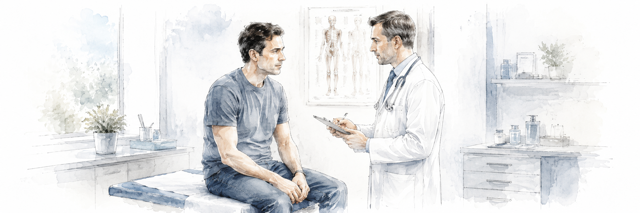 a doctor and a patient speaking in a medical examination room after a personal injury accident